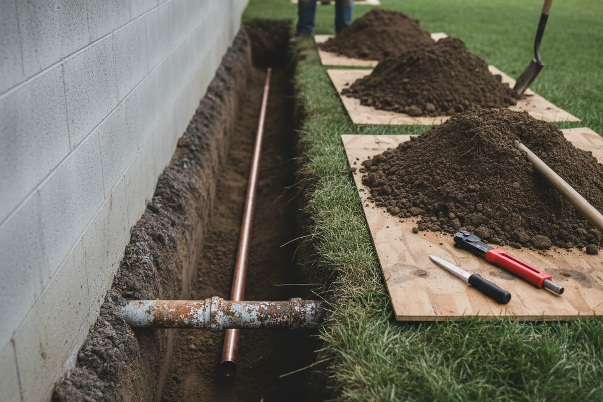 Excavated water line trench during Water Softener Installation in Proctor